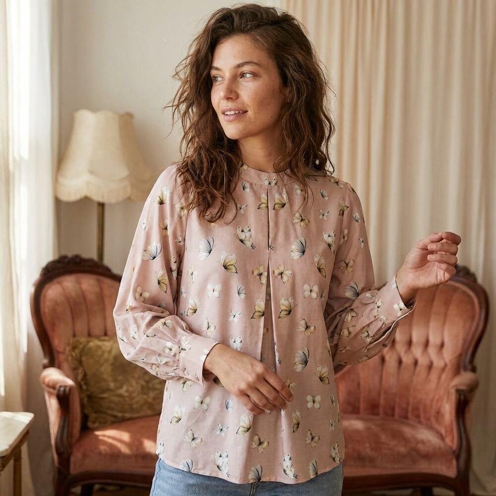 SACCHARINE New York Pink butterfly print blouse cotton silk size M